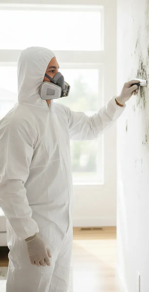 Mold removal technician in PPE working in a Thousand Oaks home
