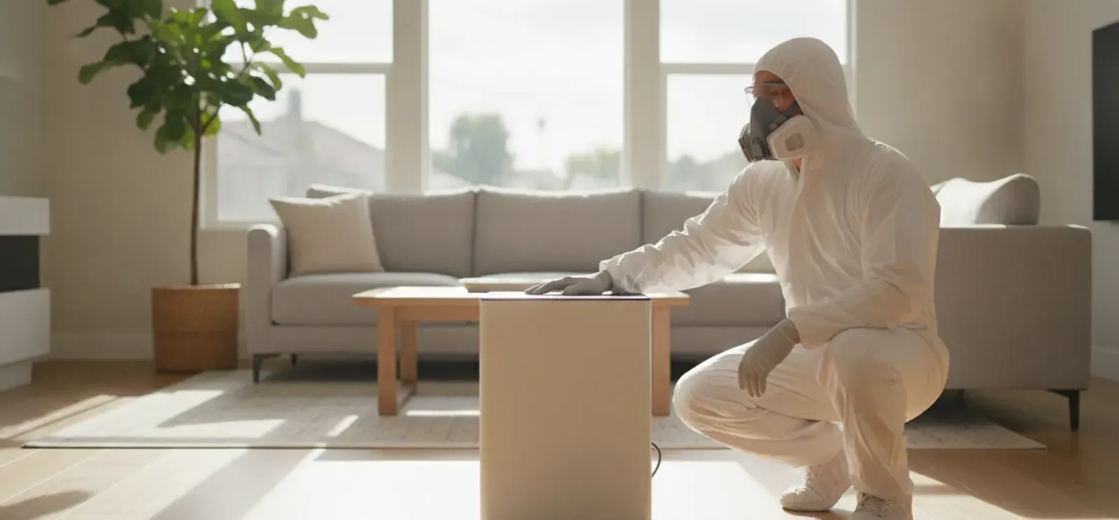 Mold removal technician in PPE working in a Thousand Oaks home